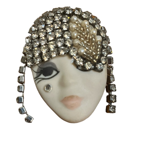 Vintage Jewelry - Vintage Porcelain Rhinestone Flapper Girl Face Brooch